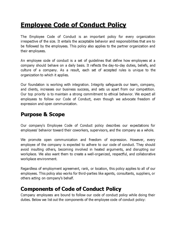 Employee code of conduct policy in Word and Pdf formats