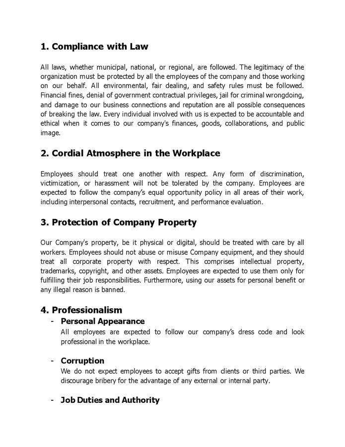 Employee Code Of Conduct Policy In Word And Pdf Formats Page 2 Of 5