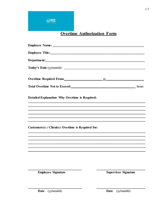 Overtime Authorization Form In Word And Pdf Formats