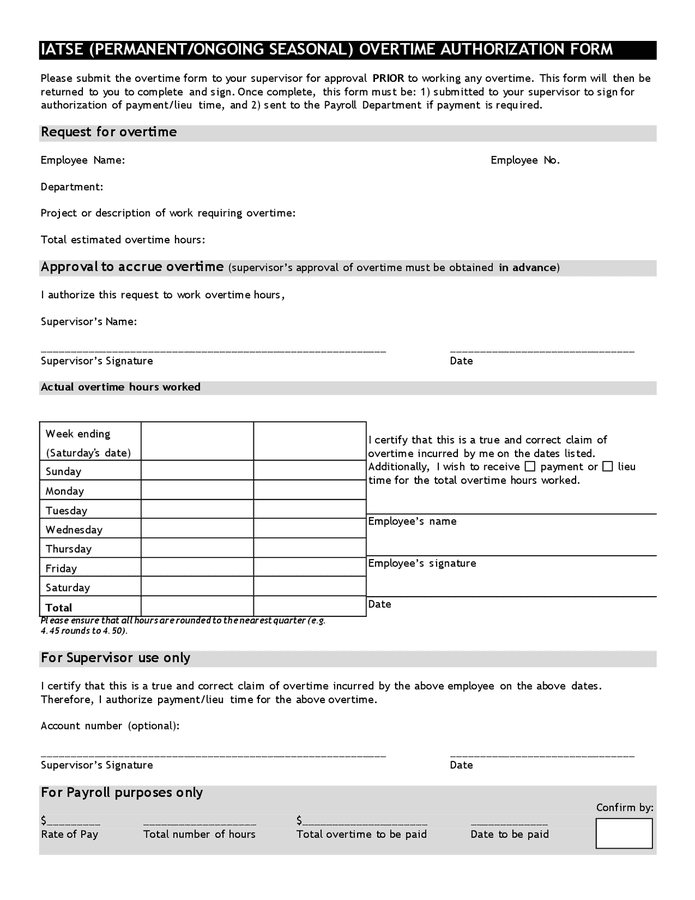 Overtime Authorization Form Sample In Word And Pdf Formats 8398