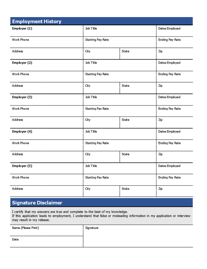 Application for employment form in Word and Pdf formats - page 2 of 2