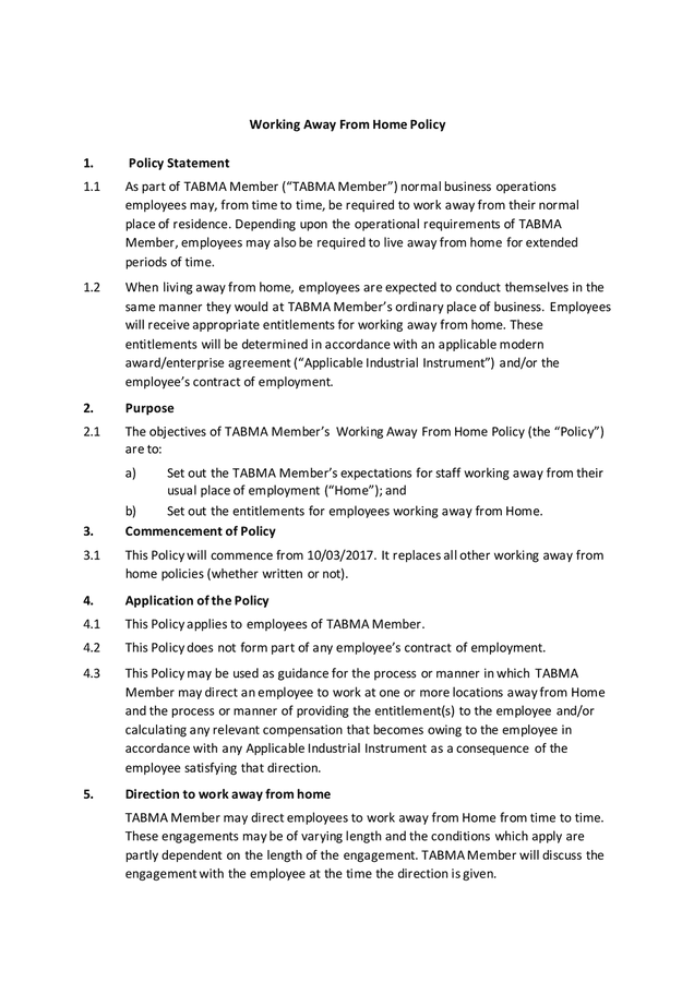 Working away from home policy sample in Word and Pdf formats