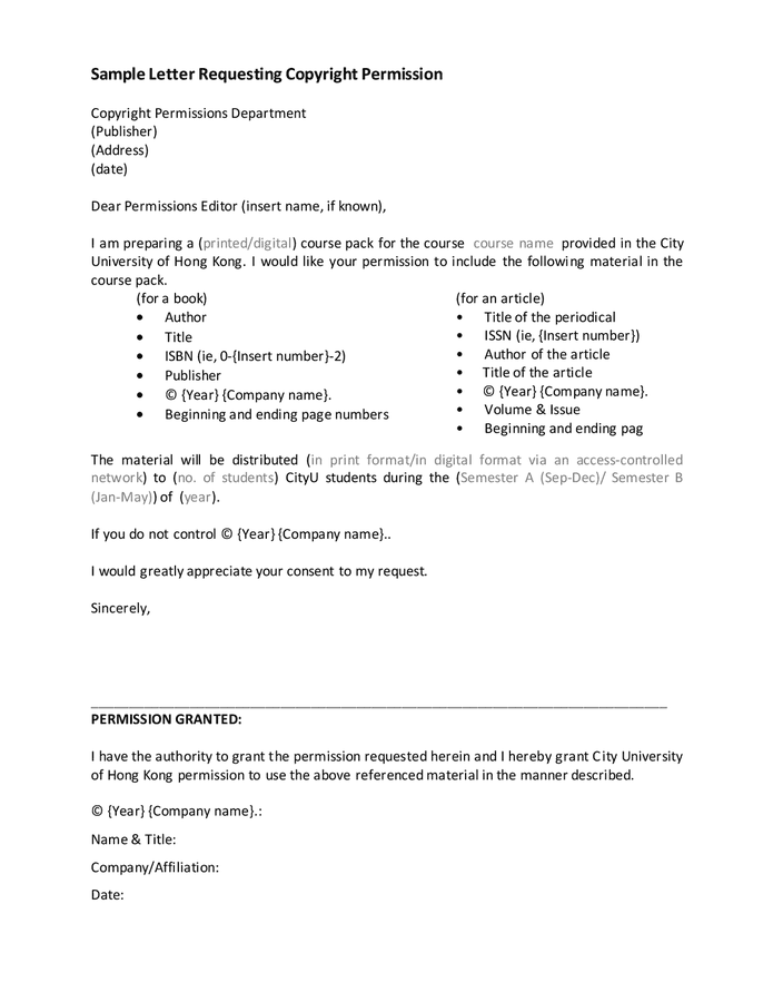 Sample letter requesting copyright permission in Word and Pdf formats