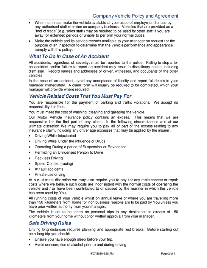 Company vehicle policy and agreement in Word and Pdf formats page 2 of 4