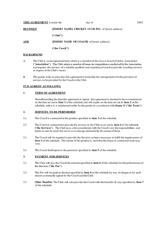 Coach contract - cricket club in Word and Pdf formats