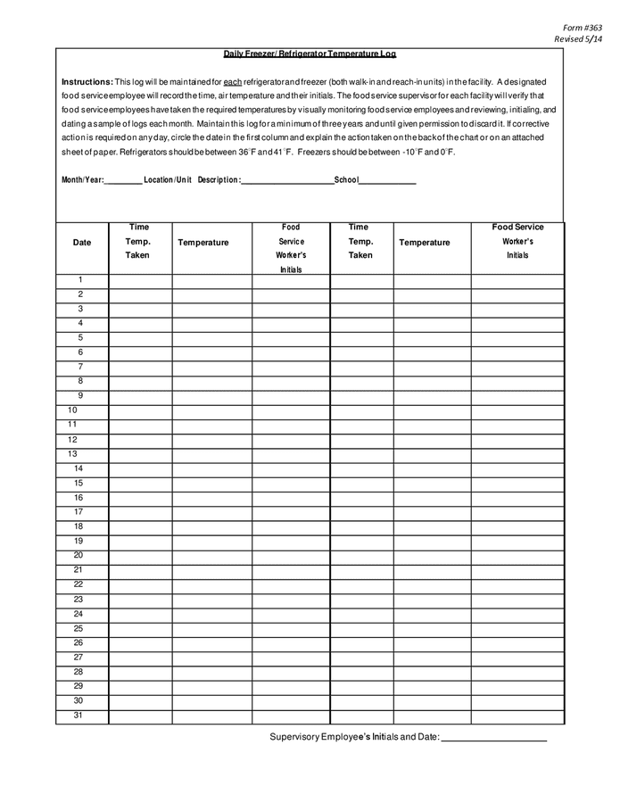 Daily freezer temperature log in Word and Pdf formats