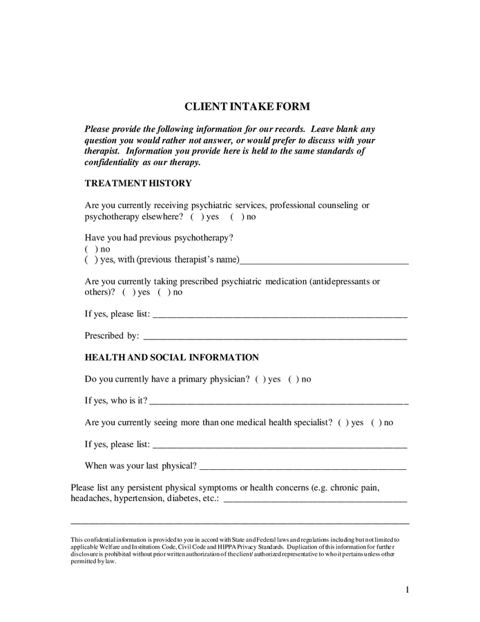 Client Intake Form Psychiatric Services In Word And Pdf Formats 3381