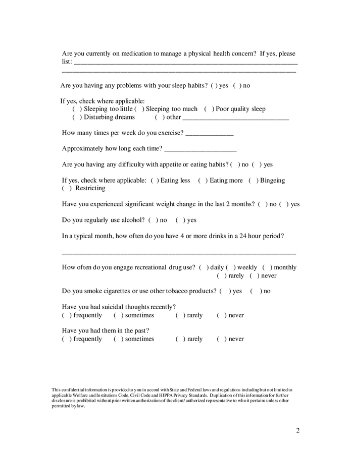 Client Intake Form Psychiatric Services In Word And Pdf Formats Page 2 Of 6 8159