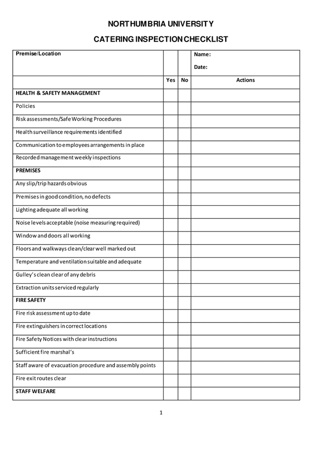 Catering inspection checklist sample in Word and Pdf formats