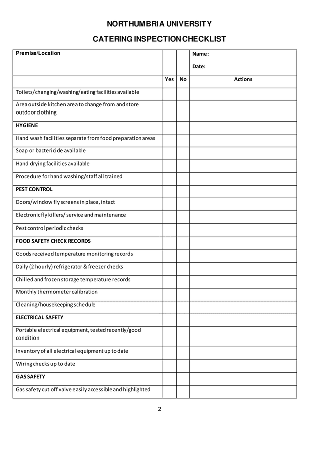 Catering inspection checklist sample in Word and Pdf formats - page 2 of 6