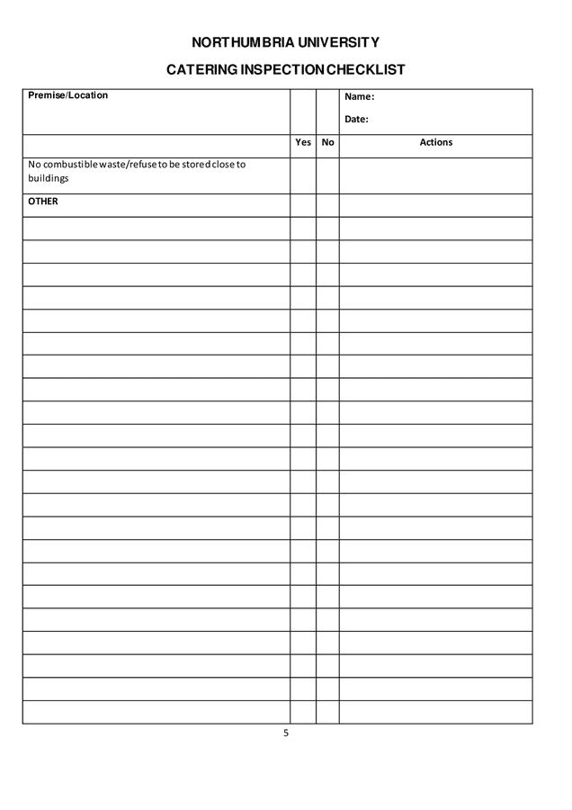 Catering inspection checklist sample in Word and Pdf formats - page 5 of 6