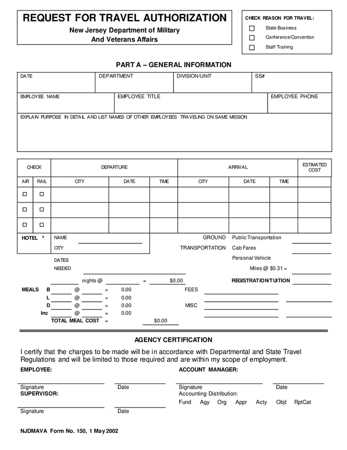 Request for travel authorization sample in Word and Pdf formats