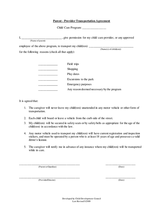 Parent - provider transportation agreement in Word and Pdf formats