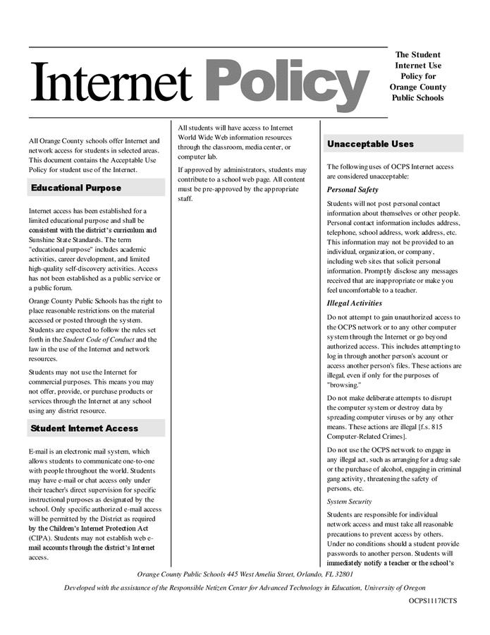 Student internet use policy in Word and Pdf formats