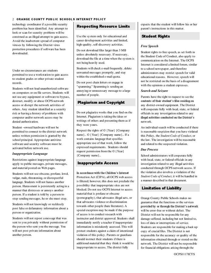 Student internet use policy in Word and Pdf formats - page 2 of 3
