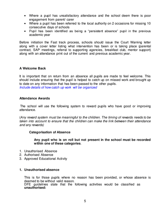 Whole school attendance policy sample in Word and Pdf formats page 5