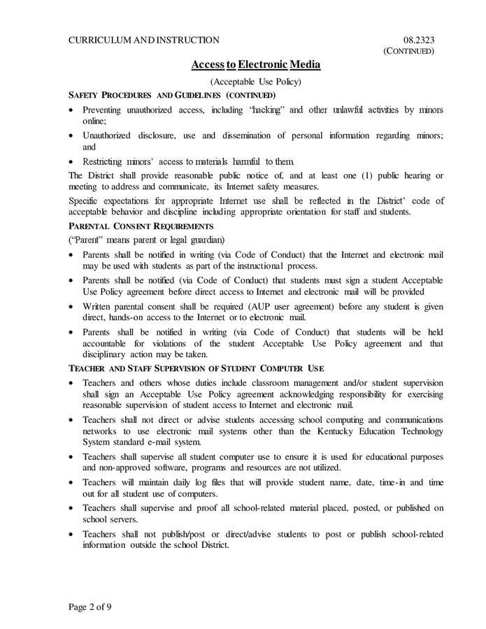 Electronic media acceptable use policy in Word and Pdf formats page 2