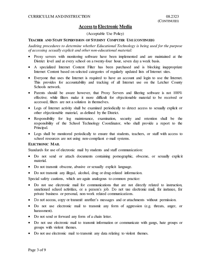 Electronic media acceptable use policy in Word and Pdf formats page 3
