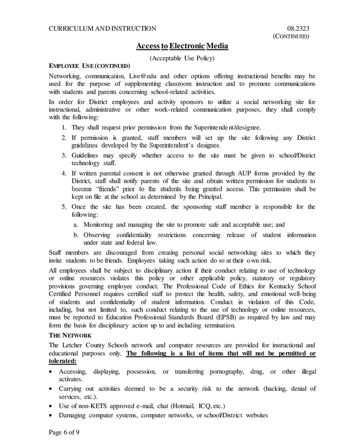 Electronic media acceptable use policy in Word and Pdf formats page 6