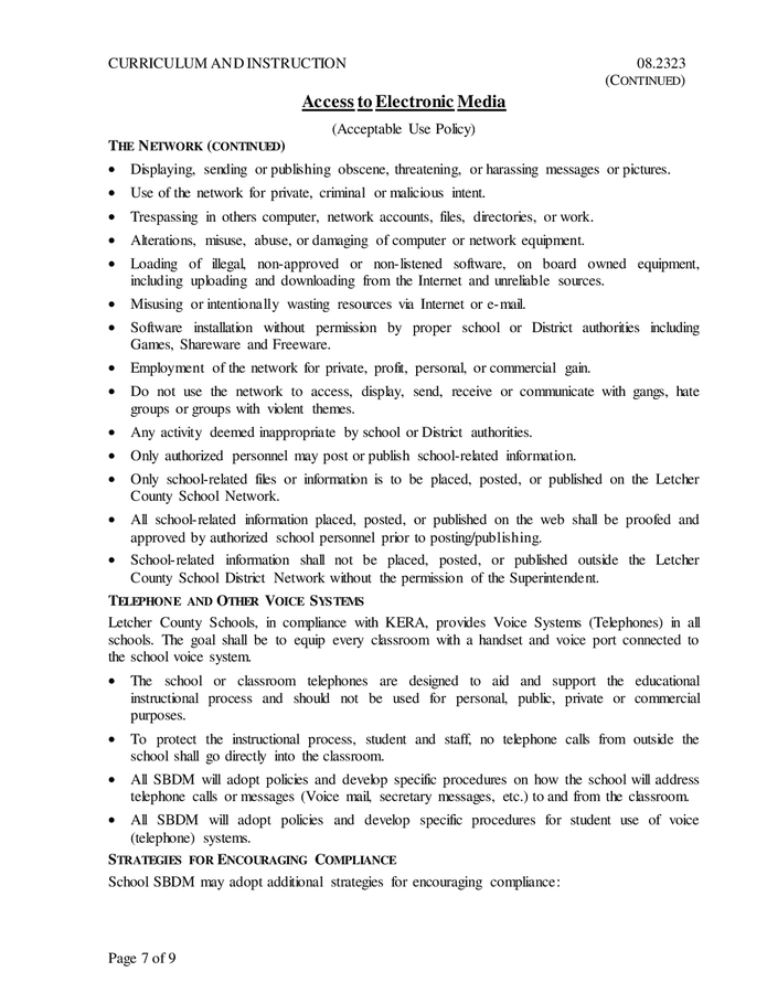 Electronic media acceptable use policy in Word and Pdf formats page 7