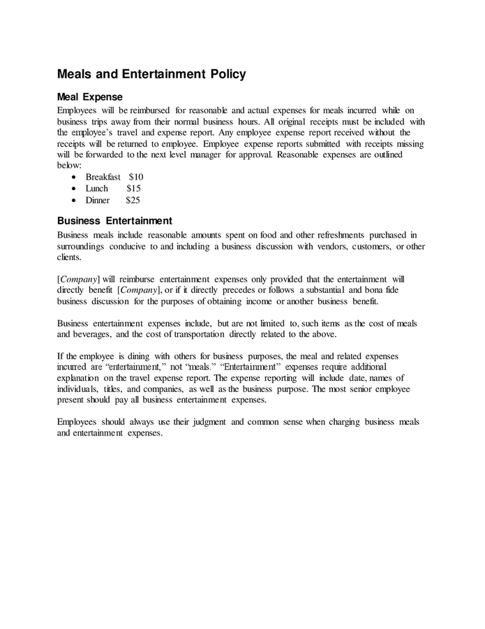Meals and Entertainment Policies download free documents for PDF