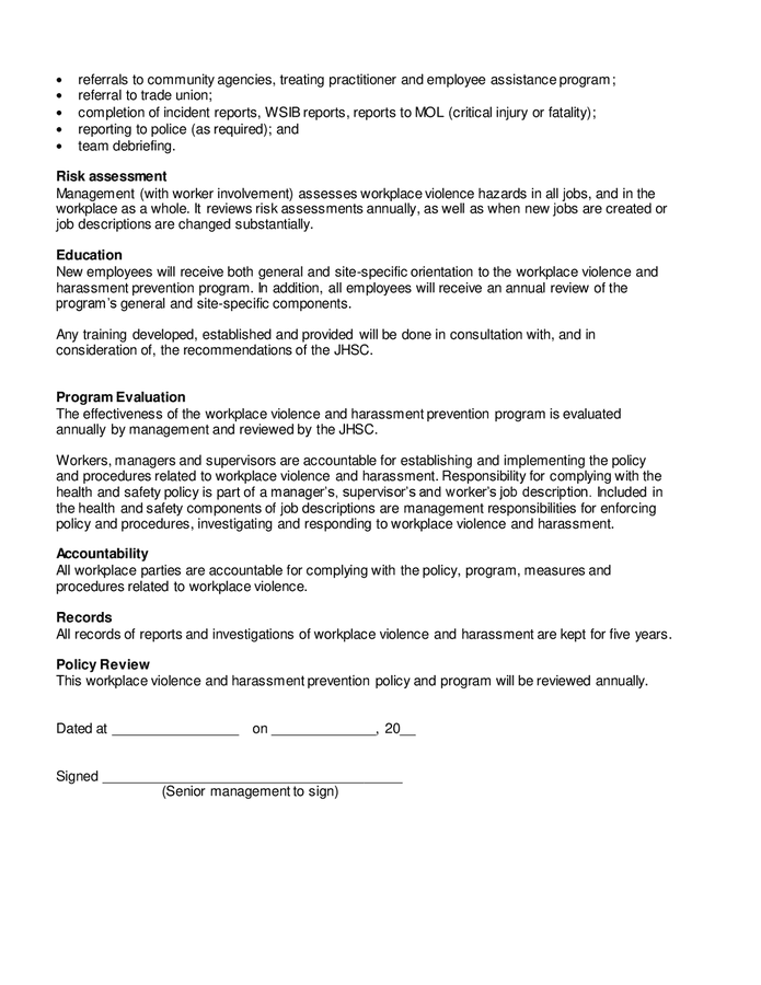 Sample workplace violence and harassment prevention policy in Word and ...