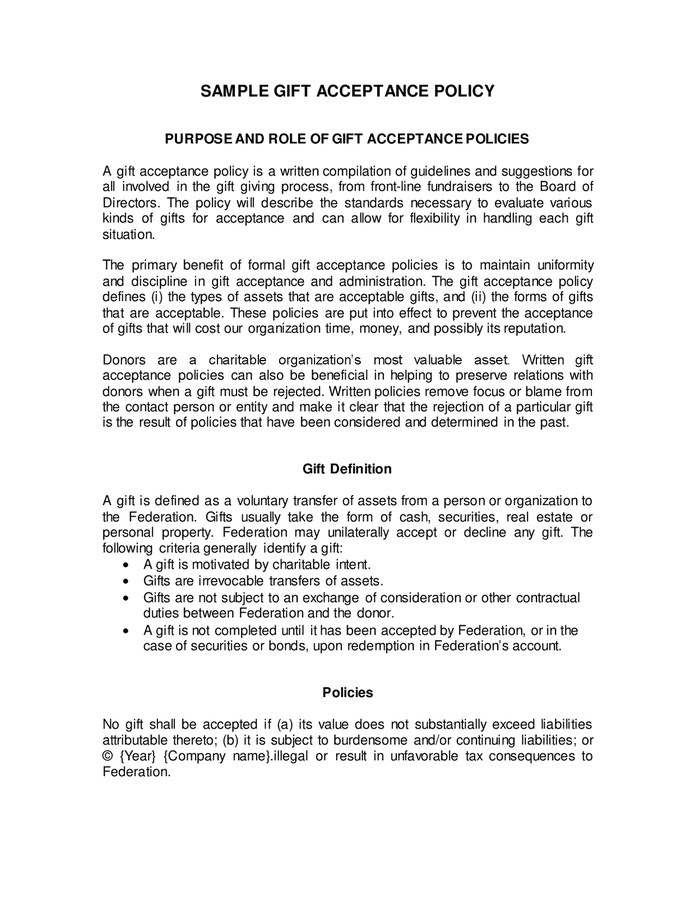 Gift acceptance policy in Word and Pdf formats