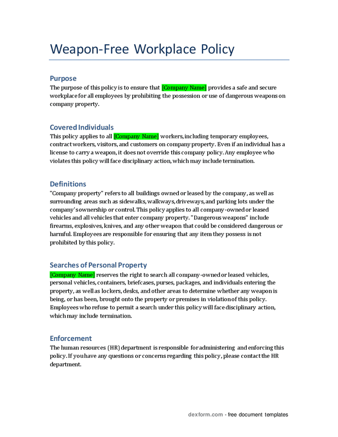 Weaponfree workplace policy in Word and Pdf formats