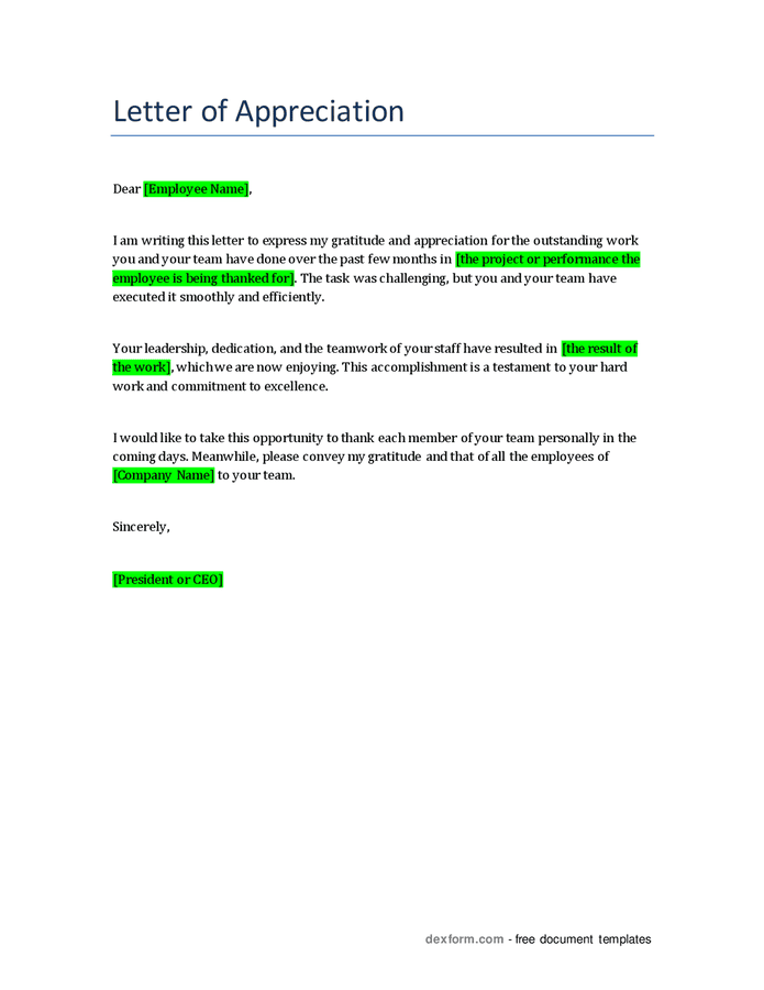 Letter of appreciation in Word and Pdf formats