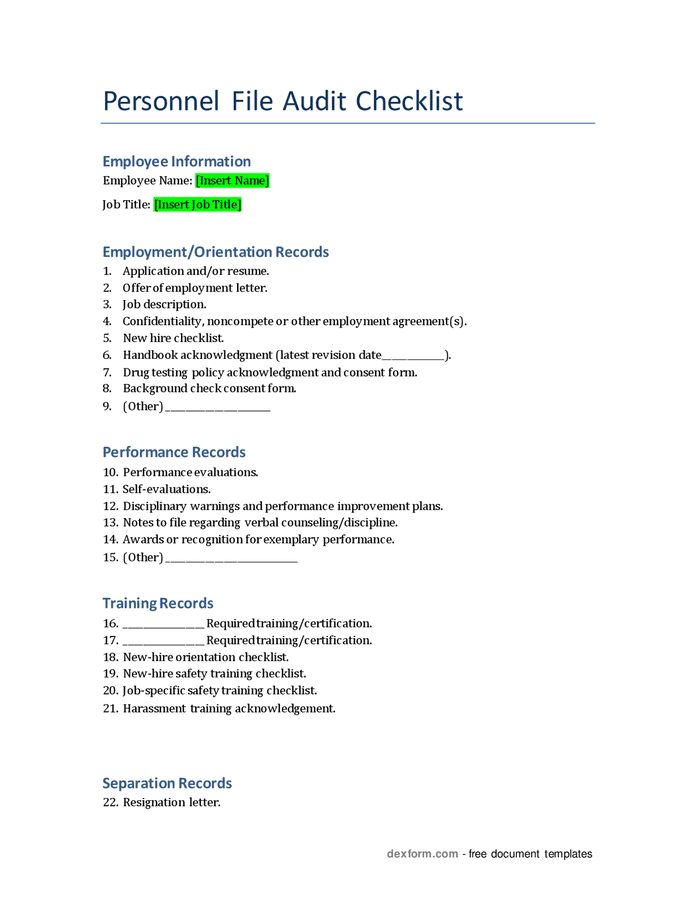 Personnel file audit checklist in Word and Pdf formats