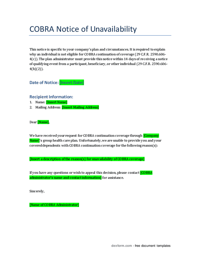 COBRA notice of unavailability in Word and Pdf formats