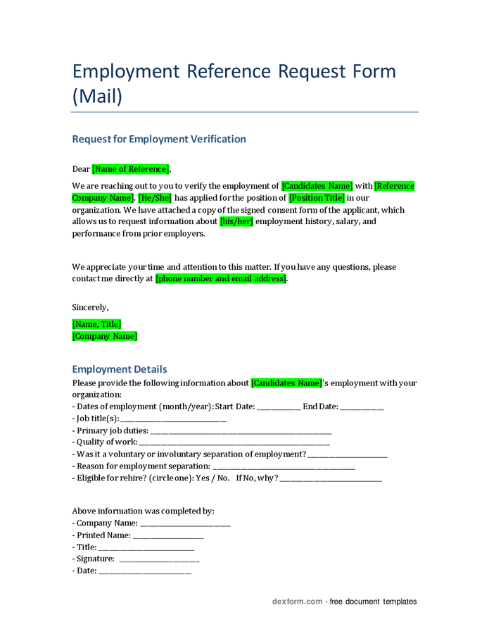 Employment Reference Request Form In Word And Pdf Formats 3384