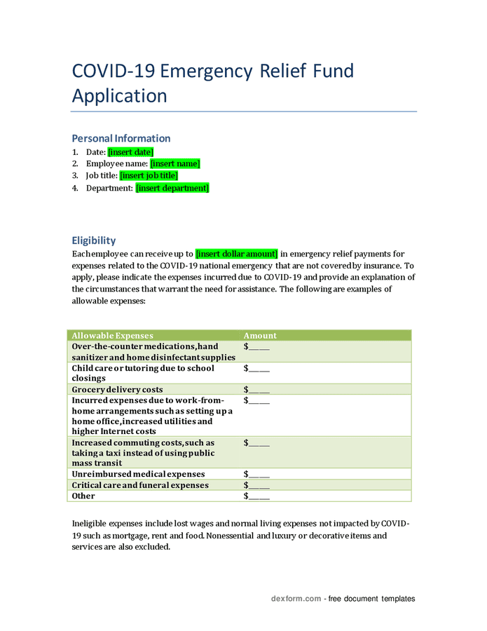 Covid19 emergency relief fund application in Word and Pdf formats