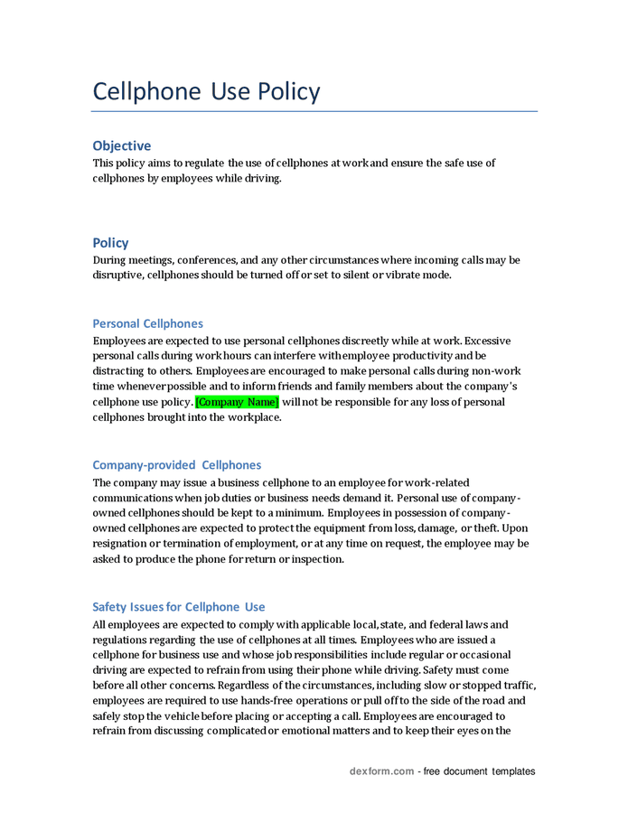 Cellphone use policy in Word and Pdf formats