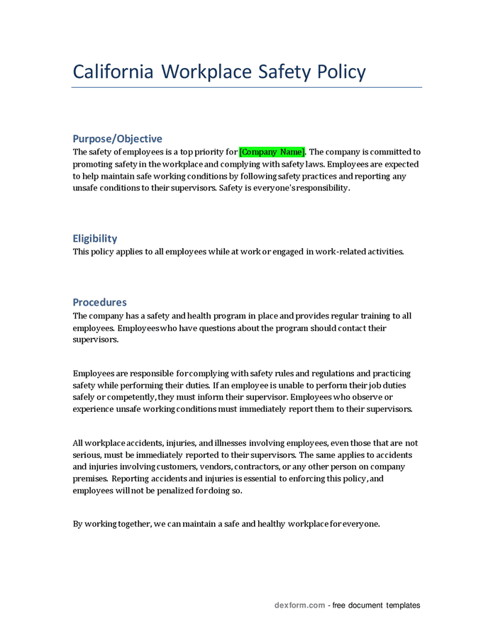 Workplace safety policy (California) in Word and Pdf formats