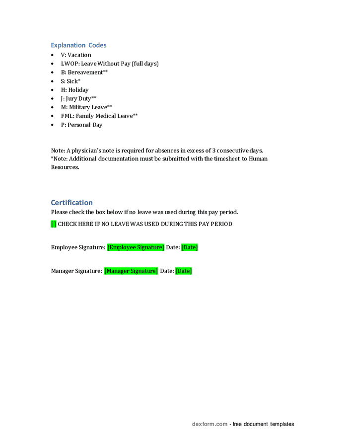 Exempt employee exception time report in Word and Pdf formats page 2 of 2