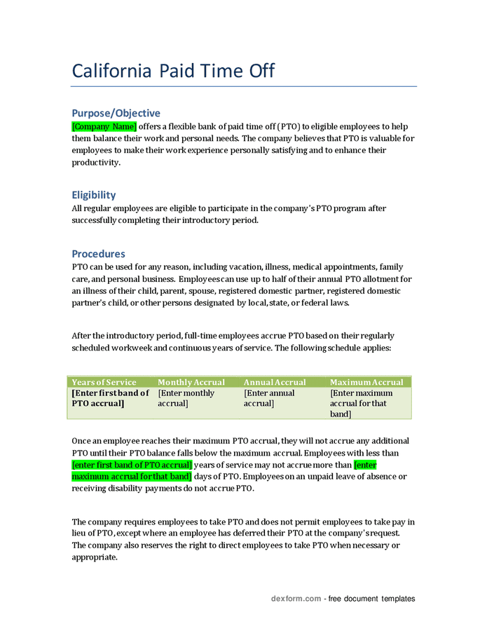 PTO policy (California) in Word and Pdf formats