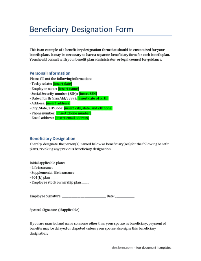 Beneficiary designation form in Word and Pdf formats