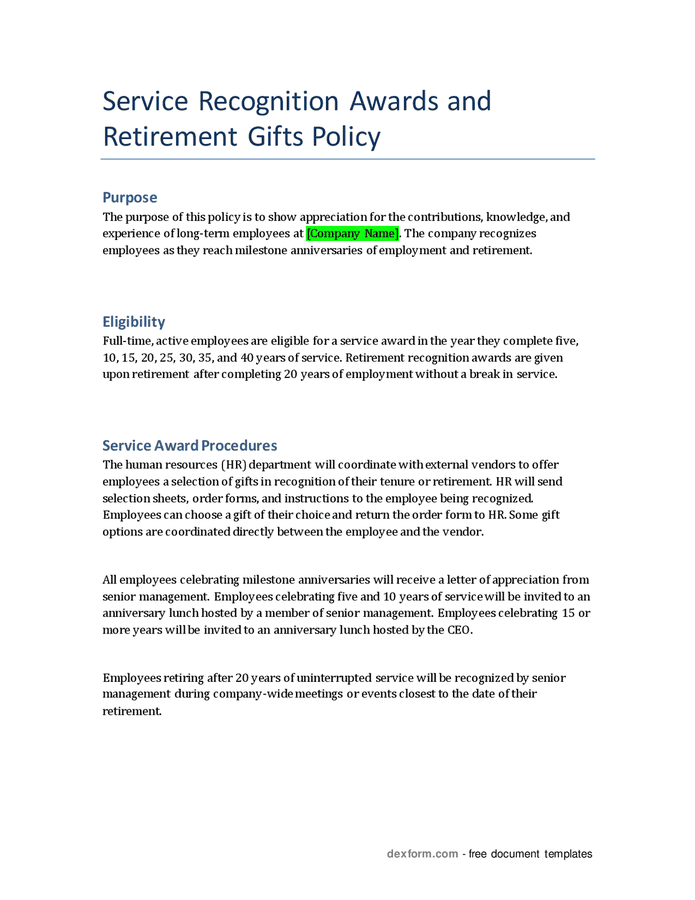 Service recognition awards and retirement gifts policy in Word and Pdf formats
