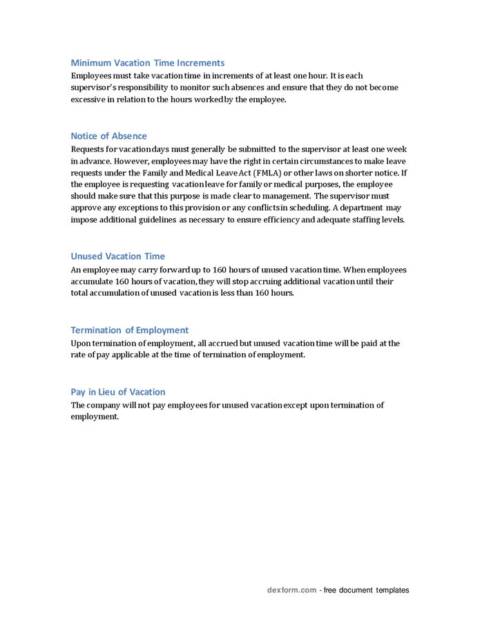 Vacation Leave Policy For Exempt Employees In Word And Pdf Formats 