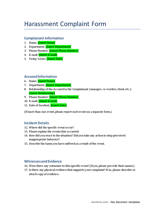 Harassment complaint form in Word and Pdf formats