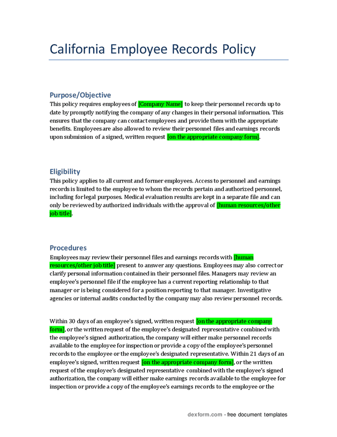 Employee records policy (California) in Word and Pdf formats