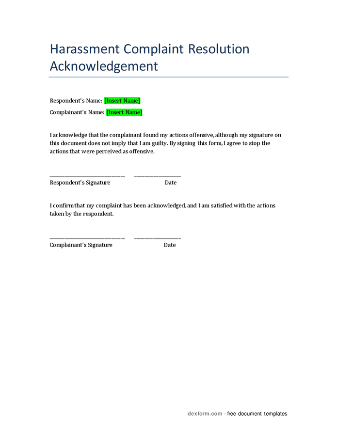 Harassment Complaint Resolution Acknowledgement In Word And Pdf Formats 9120