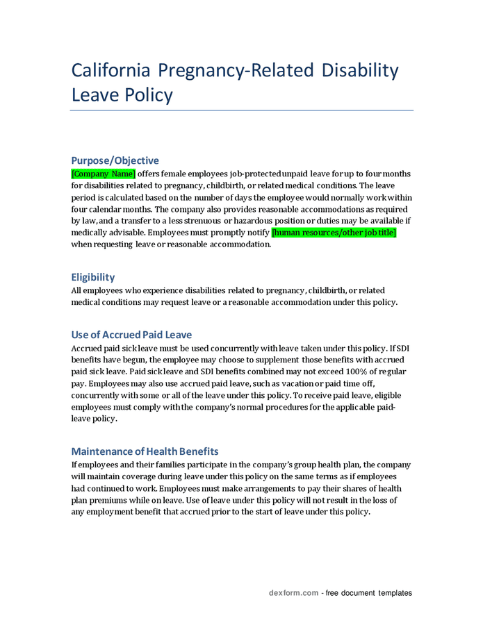 Pregnancyrelated disabilityleave policy (California) in Word and Pdf