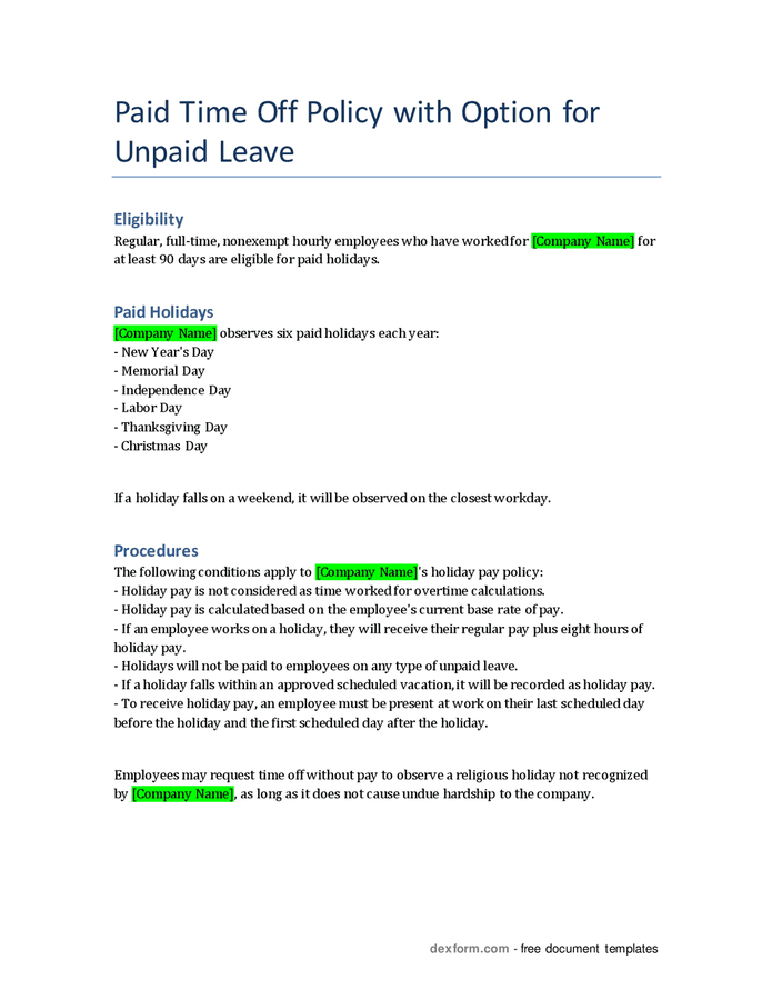 PTO policy with option for unpaid leave in Word and Pdf formats