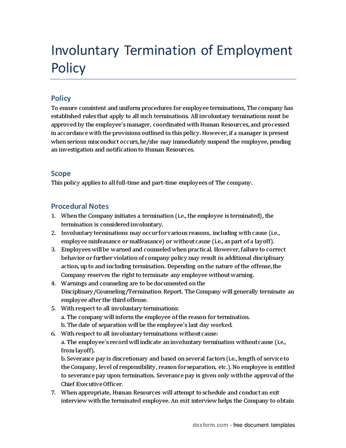 Involuntary termination of employment policy in Word and Pdf formats