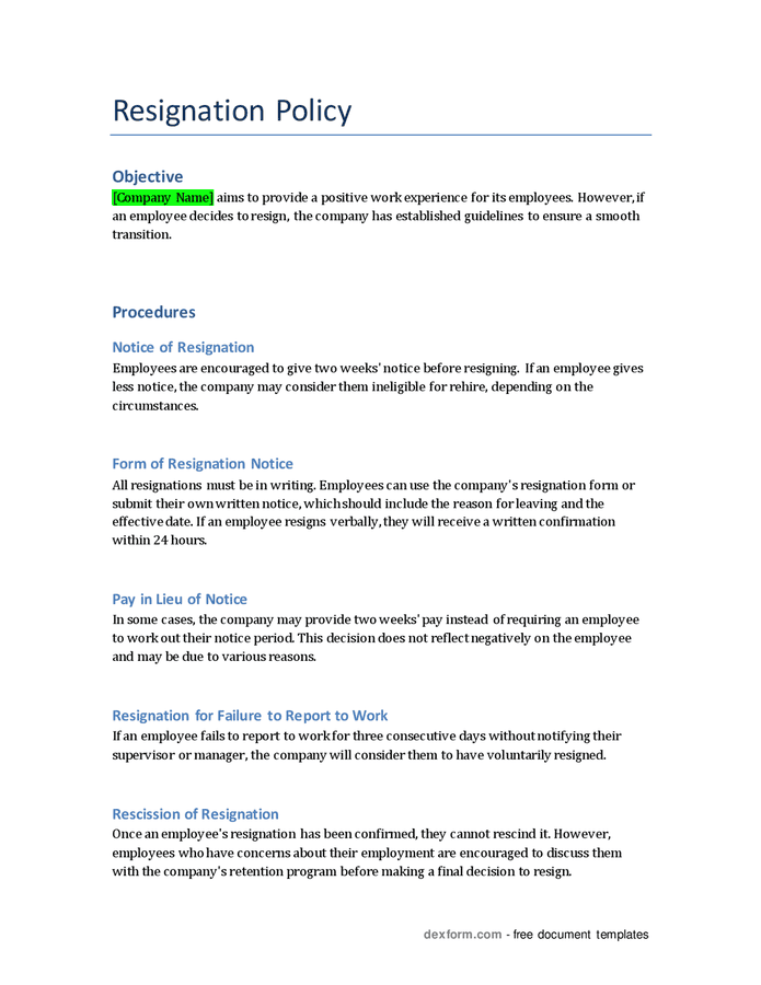 Resignation policy in word and pdf formats
