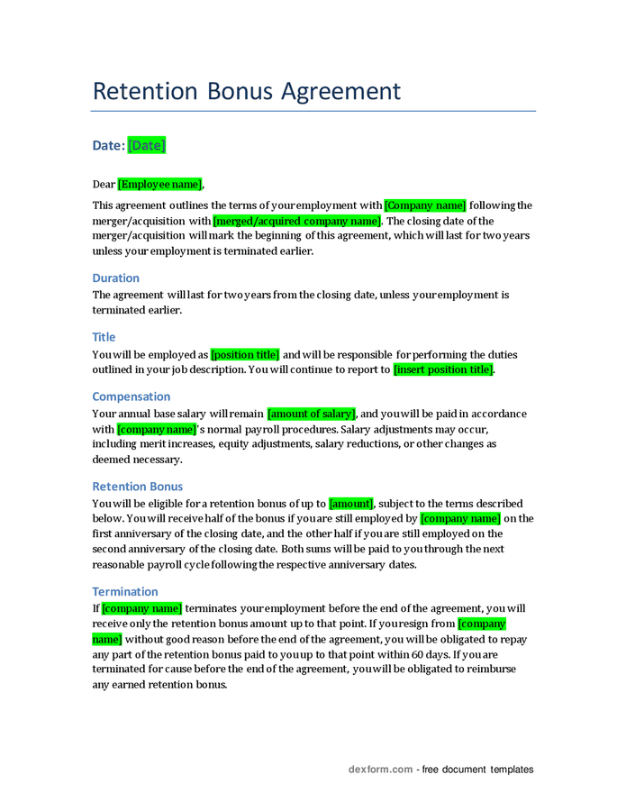 Retention bonus agreement in Word and Pdf formats