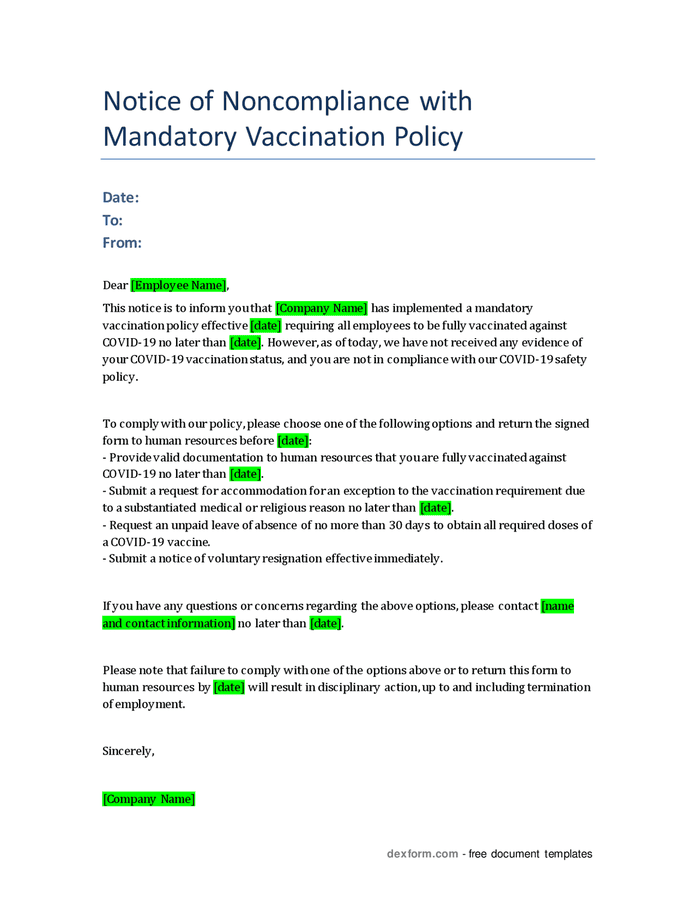 Notice of with mandatory vaccination policy in Word and