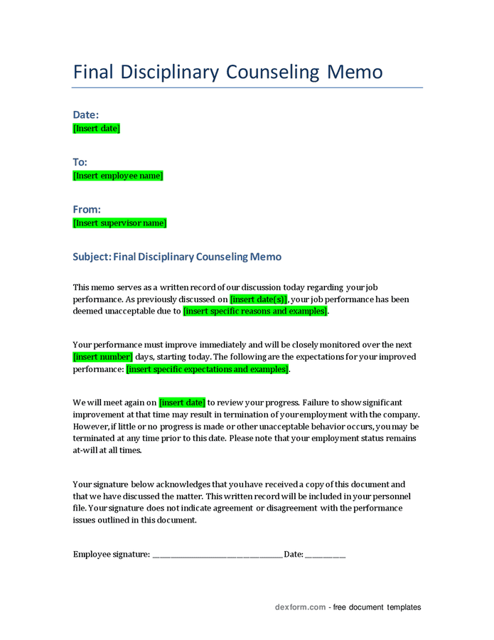 Final disciplinary counseling memo in Word and Pdf formats